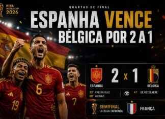 Espanha vence Bélgica por 2 a 1, Merino decide novamente e La Roja enfrenta a França na semifinal da Copa do Mundo 2026 A Espanha venceu a Bélgica por 2 a 1, garantiu vaga na semifinal da Copa do Mundo de 2026 e enfrentará a França. Veja como foi o jogo.
