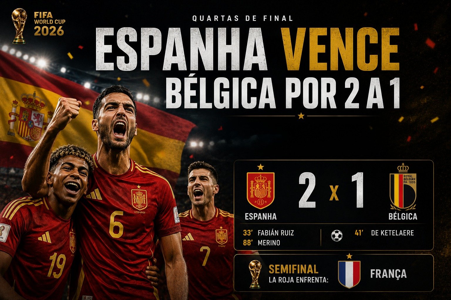 A Espanha venceu a Bélgica por 2 a 1, garantiu vaga na semifinal da Copa do Mundo de 2026 e enfrentará a França. Veja como foi o jogo.