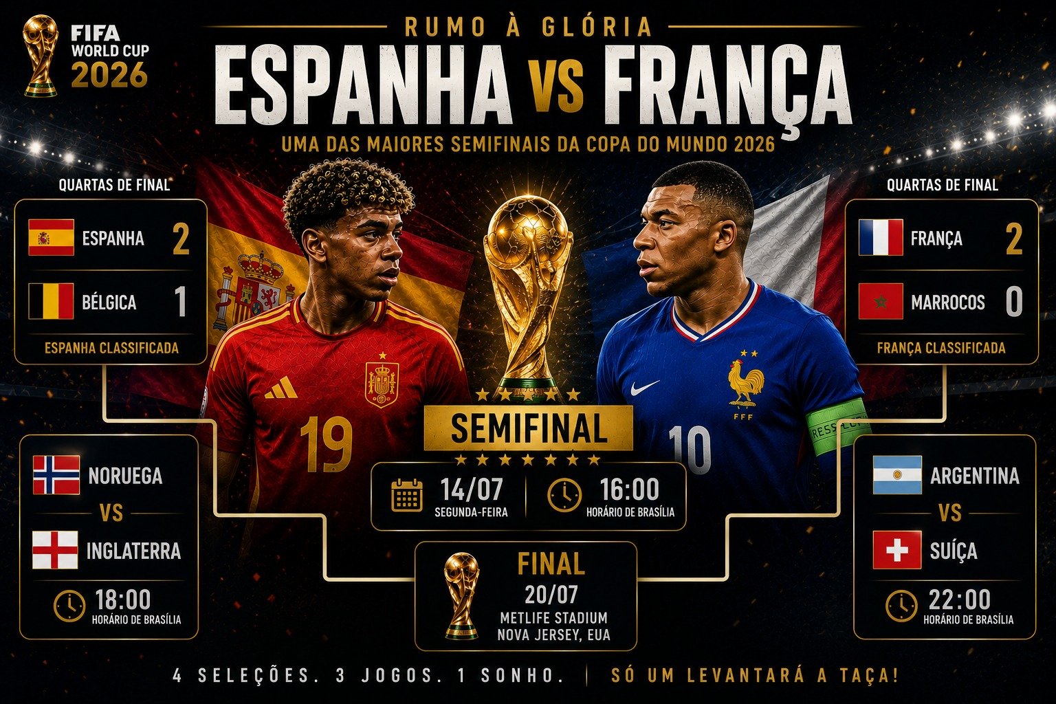Arte com os escudos de França e Espanha destacando o confronto válido pela semifinal da Copa do Mundo de 2026.