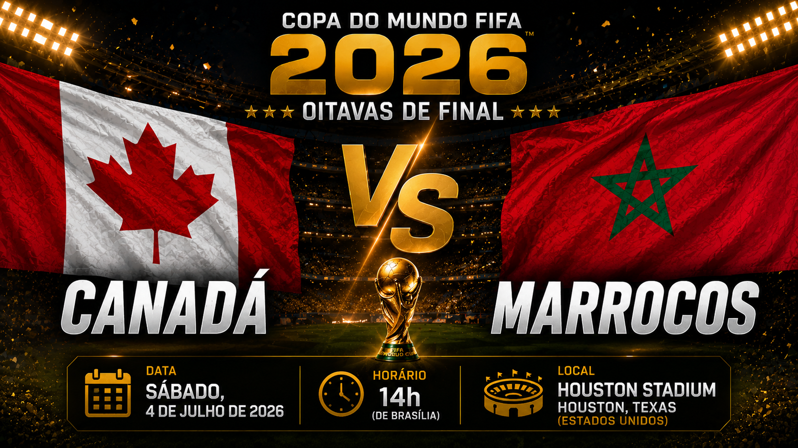 Canadá e Marrocos se enfrentam pelas oitavas de final da Copa do Mundo de 2026 em Houston.