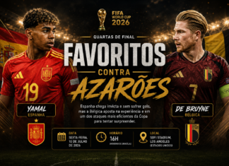 Espanha x Bélgica: favoritos contra azarões? Entenda por que o duelo pode ser muito mais equilibrado do que parece Jogadores de Espanha e Bélgica antes das quartas de final da Copa do Mundo de 2026, destacando o favoritismo espanhol e a confiança belga.