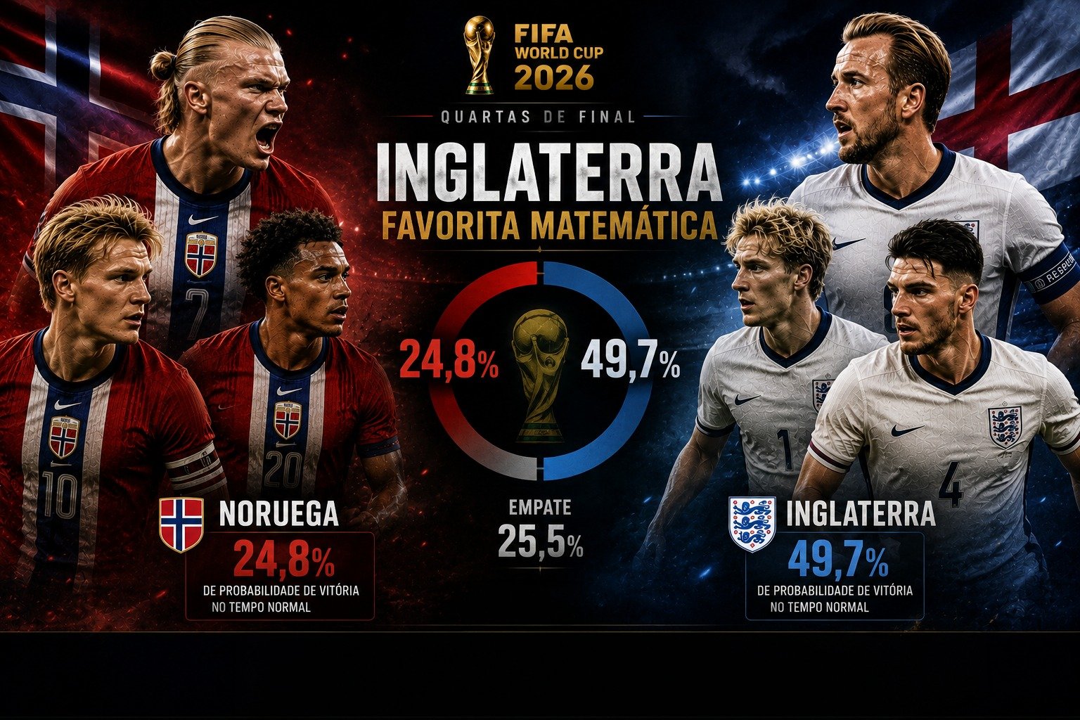 Comparativo estatístico entre Noruega e Inglaterra antes das quartas de final da Copa do Mundo de 2026.