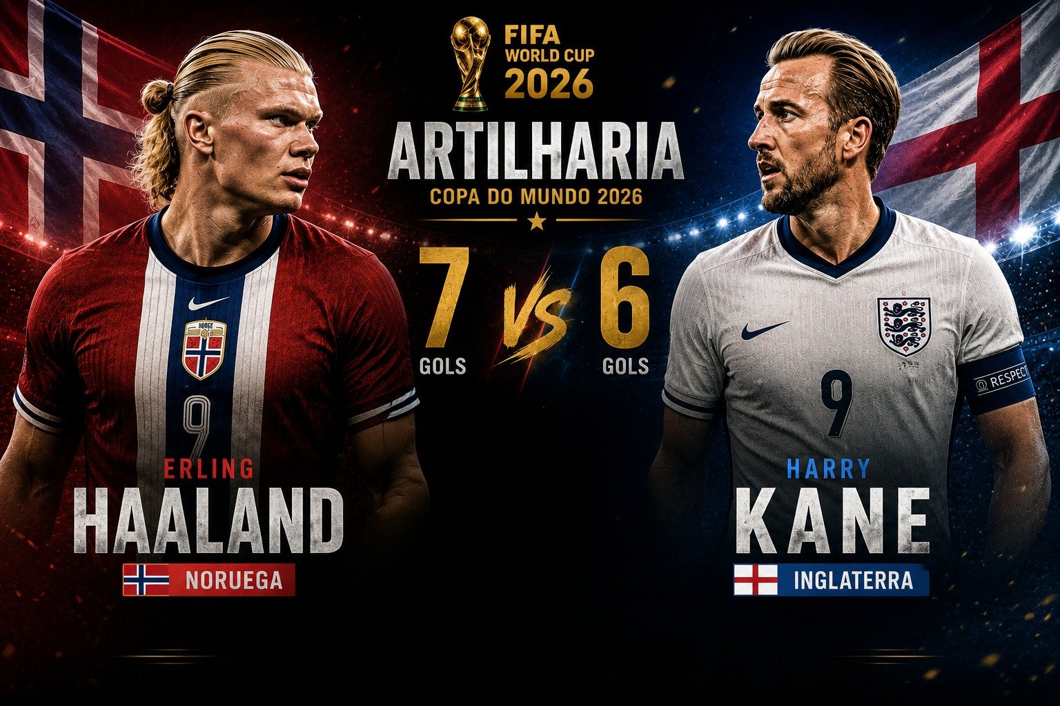 Erling Haaland e Harry Kane antes do confronto entre Noruega e Inglaterra pelas quartas de final da Copa do Mundo de 2026.