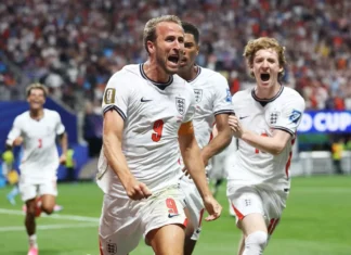 Harry Kane marca duas vezes, Inglaterra vira sobre a RD Congo e avança às oitavas da Copa do Mundo 2026 Harry Kane comemora um dos gols da virada da Inglaterra sobre a RD Congo na Copa do Mundo de 2026.