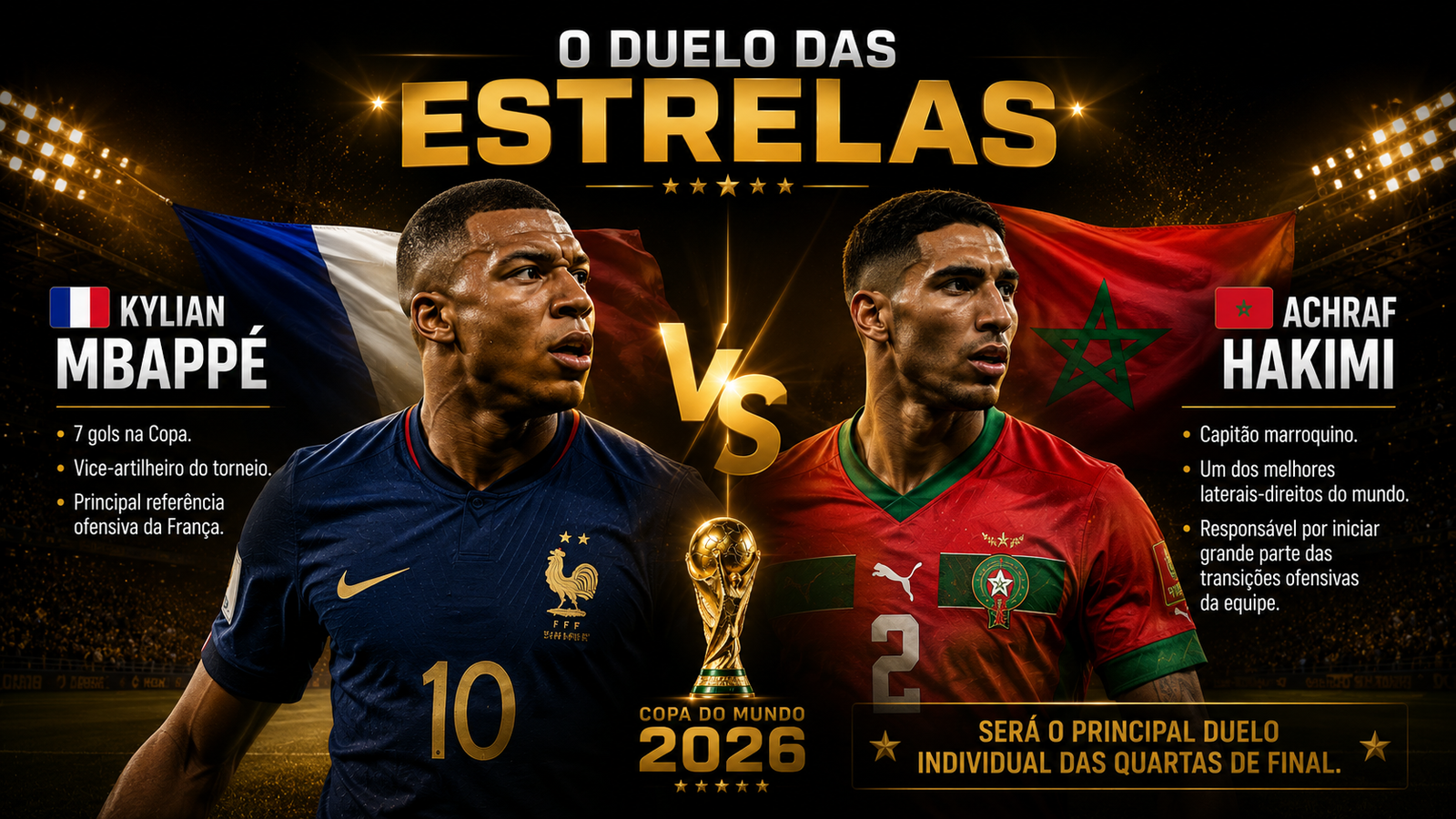 Jogadores de França e Marrocos disputam bola em representação da análise tática das quartas de final da Copa do Mundo de 2026.