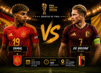 Espanha x Bélgica: onde assistir, horário, prováveis escalações e tudo sobre o jogo das quartas de final da Copa do Mundo 2026 Jogadores de Espanha e Bélgica em destaque antes do confronto pelas quartas de final da Copa do Mundo de 2026.