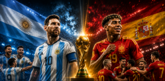 Espanha x Argentina: análise tática mostra onde a final da Copa do Mundo de 2026 pode ser decidida Jogadores de Espanha e Argentina perfilados antes da final da Copa do Mundo FIFA 2026 no MetLife Stadium.