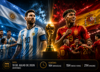 Espanha x Argentina: análise tática mostra onde a final da Copa do Mundo de 2026 pode ser decidida Jogadores de Espanha e Argentina perfilados antes da final da Copa do Mundo FIFA 2026 no MetLife Stadium.