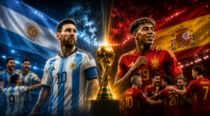 Espanha x Argentina: análise tática mostra onde a final da Copa do Mundo de 2026 pode ser decidida Jogadores de Espanha e Argentina perfilados antes da final da Copa do Mundo FIFA 2026 no MetLife Stadium.