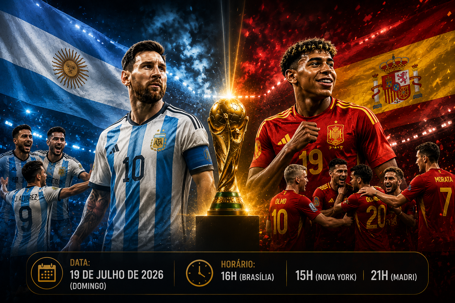 Jogadores de Espanha e Argentina perfilados antes da final da Copa do Mundo FIFA 2026 no MetLife Stadium.
