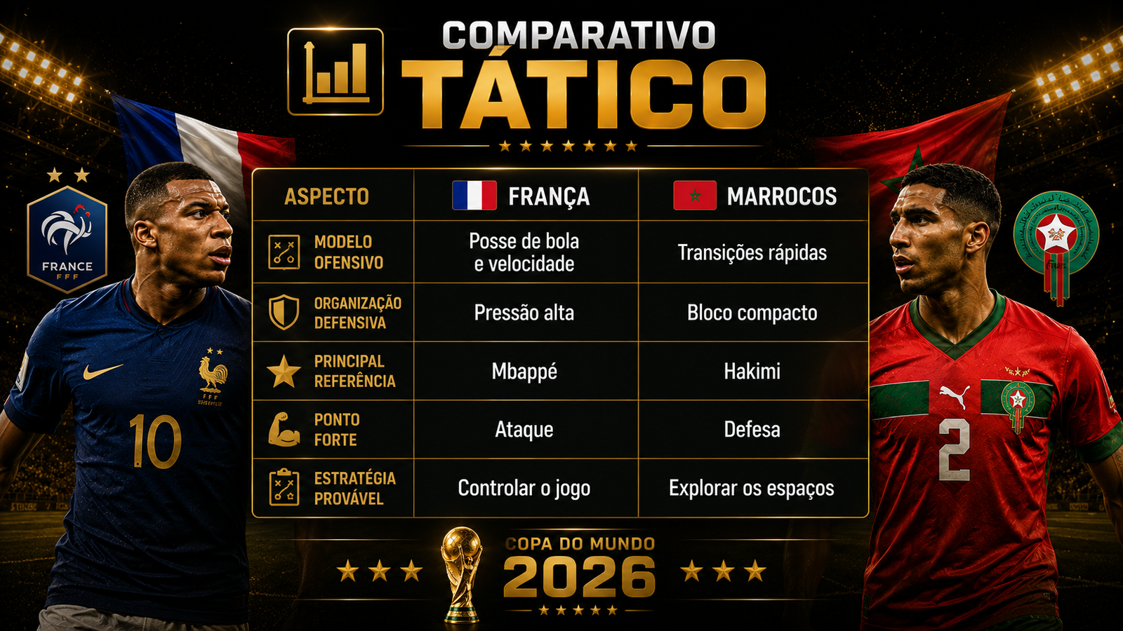 Jogadores de França e Marrocos disputam bola em representação da análise tática das quartas de final da Copa do Mundo de 2026.