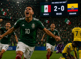 México vence o Equador, quebra jejum em mata-mata e avança às oitavas da Copa do Mundo 2026 Julián Quiñones e Raúl Jiménez comemoram a vitória do México sobre o Equador na Copa do Mundo de 2026.