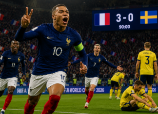 Mbappé marca dois, França goleia a Suécia e confirma favoritismo na Copa do Mundo 2026 Kylian Mbappé comemora um dos dois gols marcados na vitória da França sobre a Suécia pela Copa do Mundo de 2026.