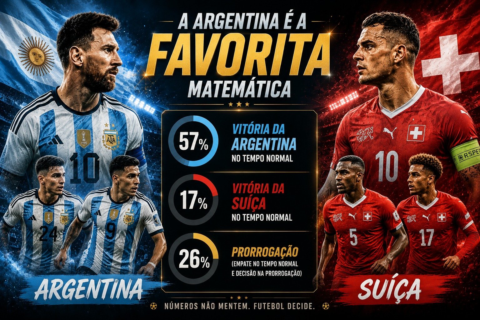 Comparativo estatístico entre Argentina e Suíça antes das quartas de final da Copa do Mundo de 2026.
