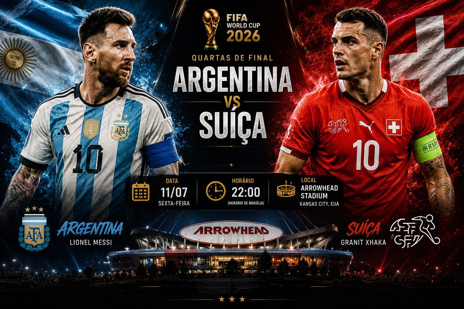 Lionel Messi e Granit Xhaka antes do confronto entre Argentina e Suíça pelas quartas de final da Copa do Mundo de 2026.