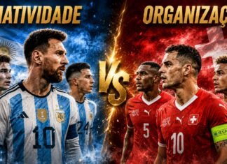 Argentina x Suíça: criatividade contra organização, a análise tática das quartas de final da Copa do Mundo 2026 Representação tática do confronto entre Argentina e Suíça pelas quartas de final da Copa do Mundo de 2026, destacando os diferentes estilos de jogo.
