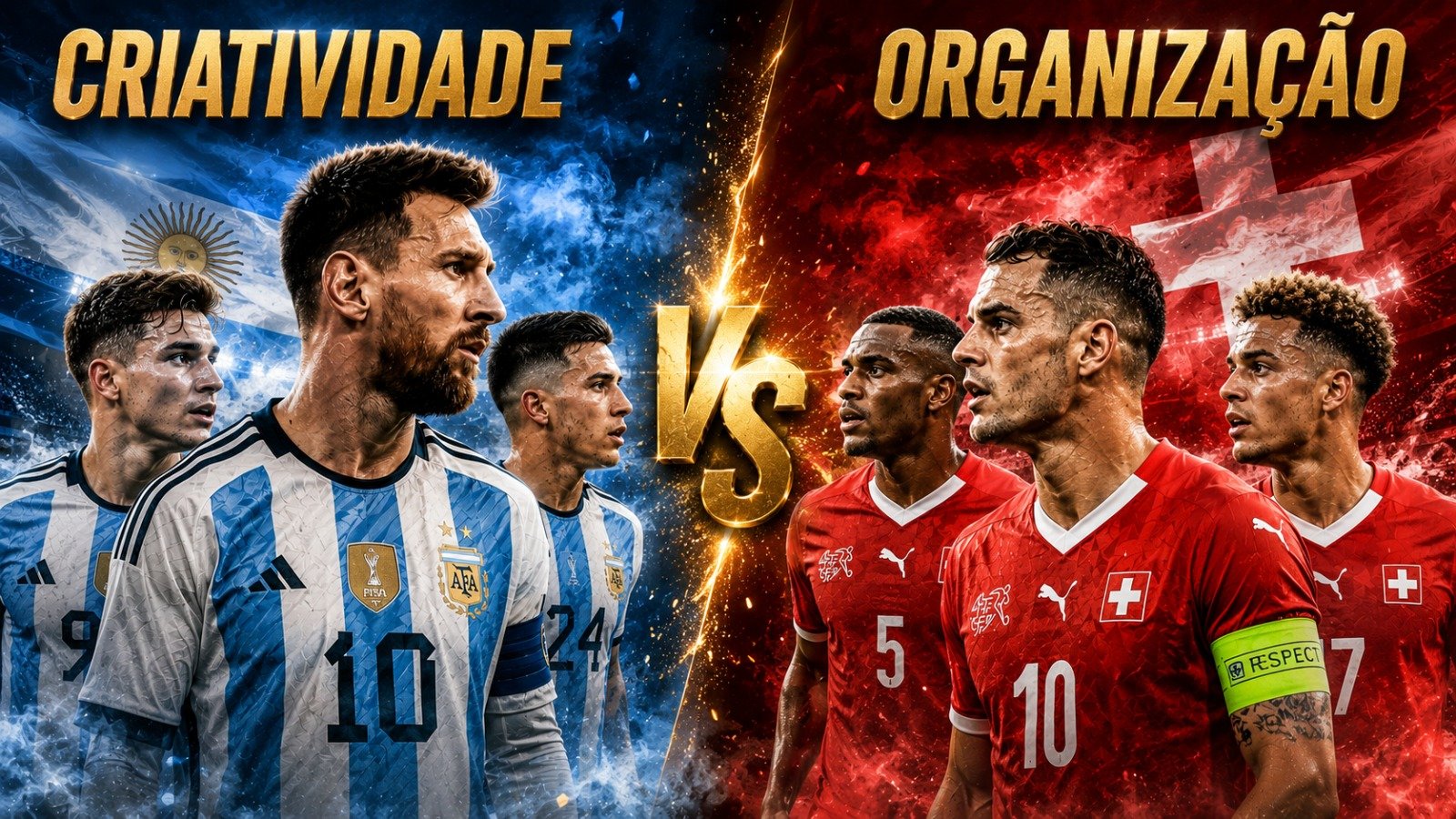 Representação tática do confronto entre Argentina e Suíça pelas quartas de final da Copa do Mundo de 2026, destacando os diferentes estilos de jogo.