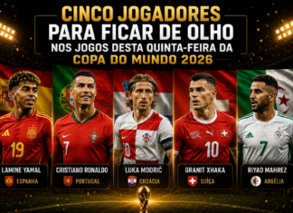 Cinco jogadores para ficar de olho nos jogos desta quinta-feira da Copa do Mundo 2026 Montagem com Lamine Yamal, Cristiano Ronaldo, Luka Modrić, Granit Xhaka e Riyad Mahrez, destaques dos jogos de 2 de julho na Copa do Mundo de 2026.