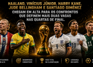 Cinco jogadores para ficar de olho neste domingo pelas oitavas da Copa do Mundo 2026 Montagem ilustrativa com Erling Haaland, Vinícius Júnior, Harry Kane, Jude Bellingham e Santiago Giménez, destaques dos jogos deste domingo pelas oitavas de final da Copa do Mundo de 2026.