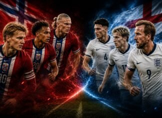 Noruega x Inglaterra: força física contra controle do jogo; a análise tática das quartas de final da Copa do Mundo 2026 Representação tática do confronto entre Noruega e Inglaterra pelas quartas de final da Copa do Mundo de 2026, destacando os diferentes estilos de jogo.