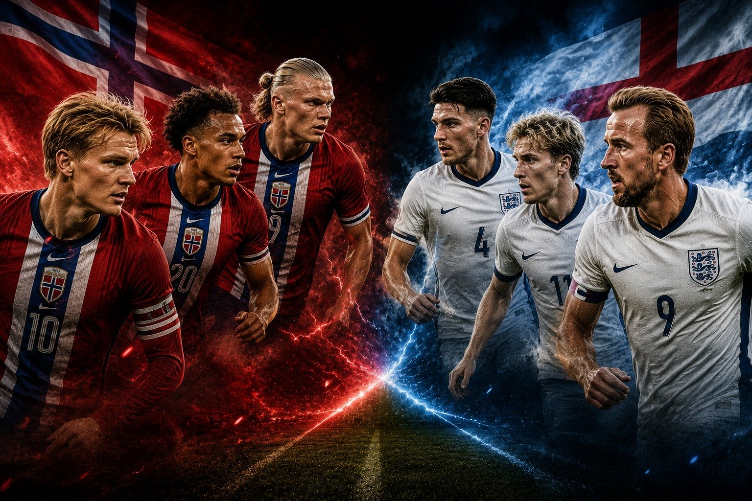 Representação tática do confronto entre Noruega e Inglaterra pelas quartas de final da Copa do Mundo de 2026, destacando os diferentes estilos de jogo.