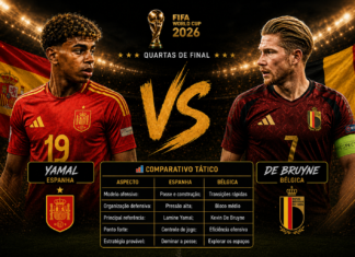 Espanha x Bélgica: posse de bola contra eficiência ofensiva; a análise tática das quartas de final da Copa do Mundo 2026 Representação tática do confronto entre Espanha e Bélgica pelas quartas de final da Copa do Mundo de 2026, destacando os diferentes estilos de jogo.