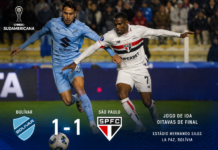 São Paulo empata com o Bolívar na altitude e decide vaga no MorumBIS Arboleda comemora gol do São Paulo no empate com o Bolívar pela Copa Sul-Americana 2026.