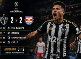 Cuello decide no fim, Atlético-MG elimina Bragantino e avança às quartas da Sul-Americana Cuello comemora classificação do Atlético-MG na Sul-Americana 2026