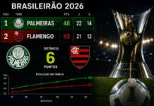 Flamengo reduz distância para o Palmeiras e Brasileirão 2026 ganha novo cenário na disputa pelo título Palmeiras e Flamengo representam a disputa pela liderança e pelo título do Brasileirão 2026.