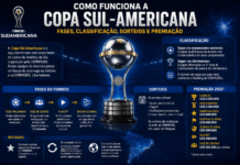 Como funciona a Copa Sul-Americana: fases, classificação, sorteios e premiação Taça da Copa Sul-Americana representando as fases, o regulamento e a premiação da competição.