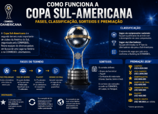 Como funciona a Copa Sul-Americana: fases, classificação, sorteios e premiação Taça da Copa Sul-Americana representando as fases, o regulamento e a premiação da competição.