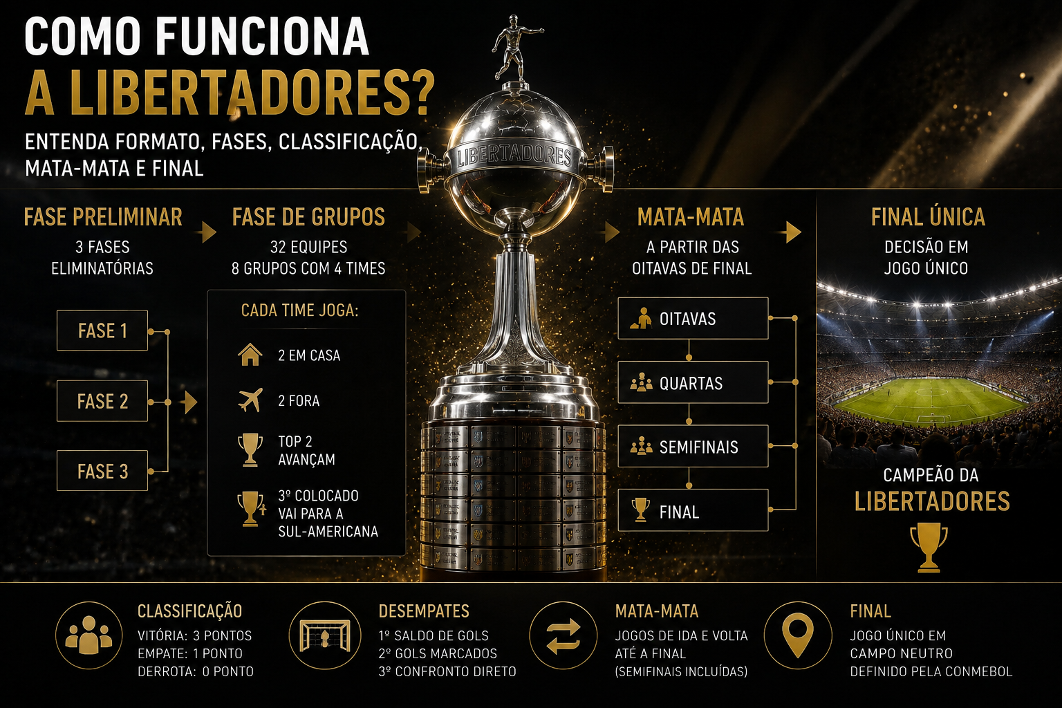 Troféu da Copa Libertadores em guia sobre formato, fases e regulamento da competição.